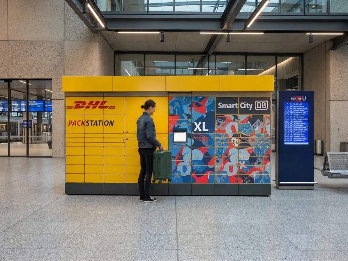 Schließfächer am Bahnhof mit Koffer