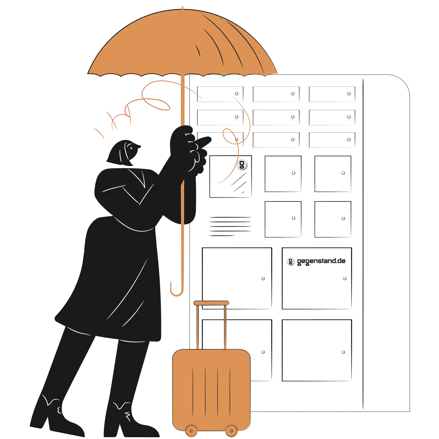 Person mit Regenschirm vor einer Wand aus Smart-Locker-Fächern
