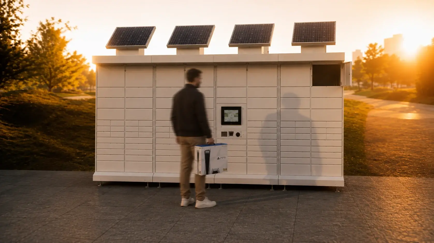 Man at an outdoor smart locker holding a boxed games console – item handover without meeting